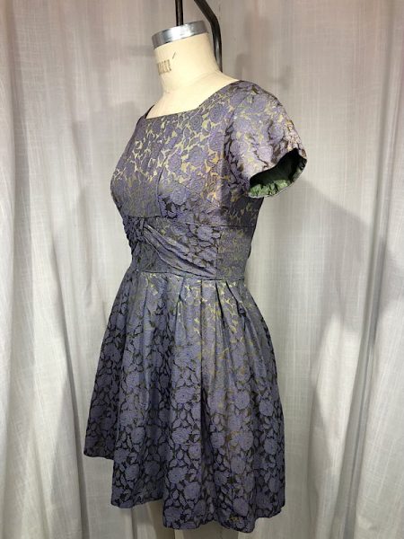 la boudoir miami vintage 50s purple floral brocade green iridescent dress with bow (2)