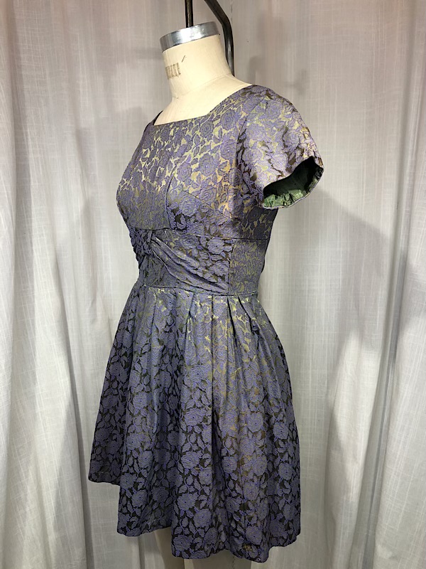 la boudoir miami vintage 50s purple floral brocade green iridescent dress with bow (2)