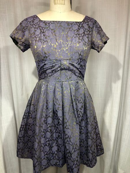 la boudoir miami vintage 50s purple floral brocade green iridescent dress with bow (2)