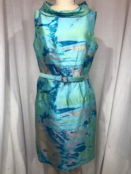 la boudoir miami vintage inspired 60s blue and green print wiggle dress with belt (2)