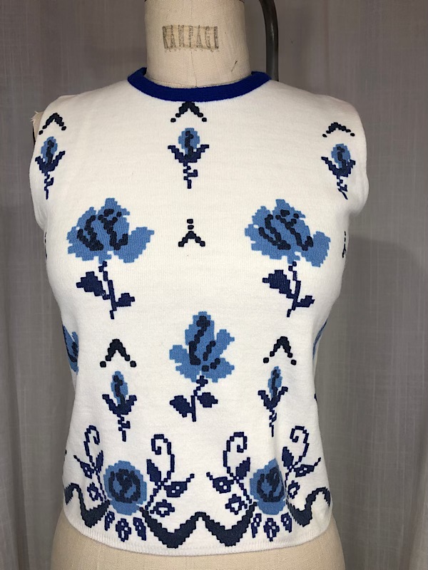 la boudoir miami vintage 60s blue and white floral print knit blouse (4)