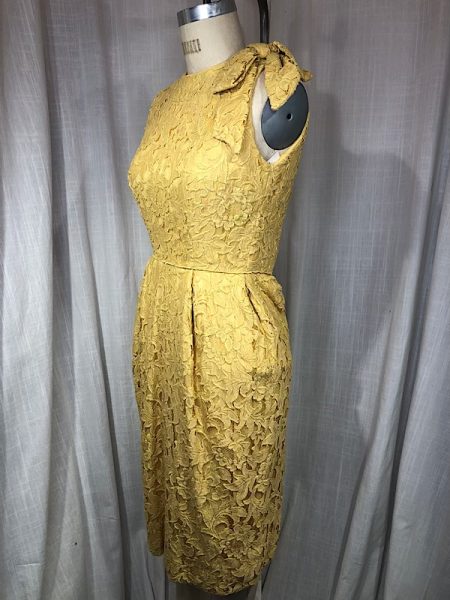 la boudoir miami vintage 50s mustard yellow lace wiggle dress with large bow (2)