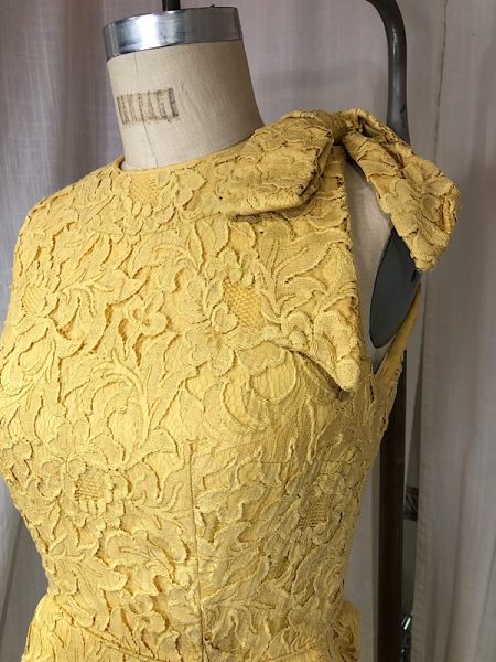 la boudoir miami vintage 50s mustard yellow lace wiggle dress with large bow (2)