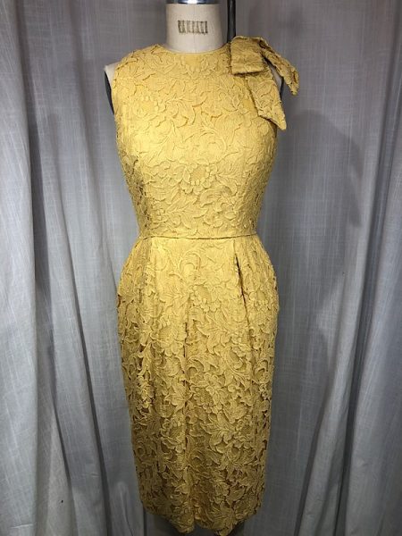 la boudoir miami vintage 50s mustard yellow lace wiggle dress with large bow (2)