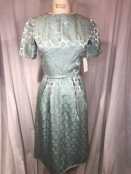 Vintage 50's Mint Green Satin Brocade Wiggle Dress