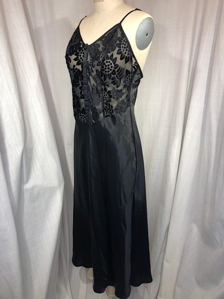 la boudoir miami vintage 90s black satin and penne velvet slip night gown (2)