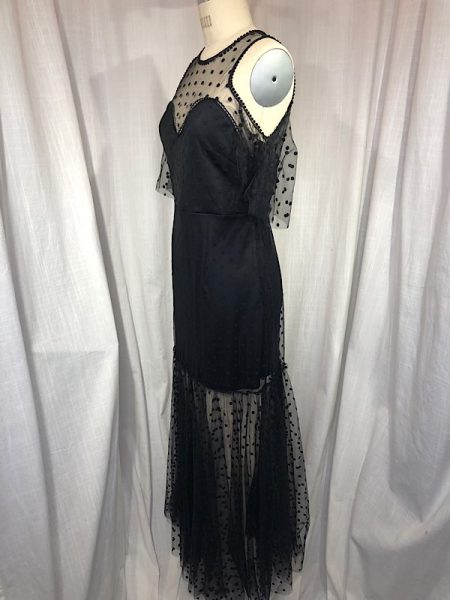 la boudoir miami vintage inspired black net polka dot off-shoulder long dress (3)