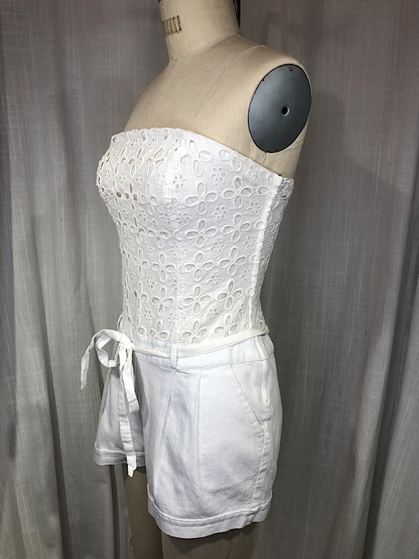 la boudoir miami vintage y2k white lace and denim strapless short romper (2)