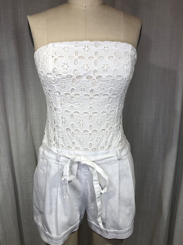 la boudoir miami vintage y2k white lace and denim strapless short romper (2)