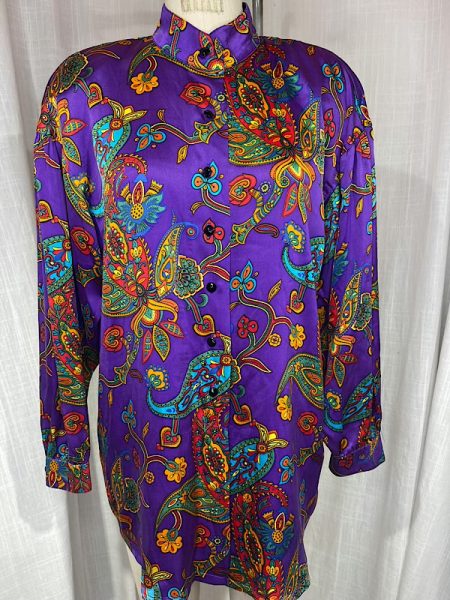 la boudoir miami vintage 80s purple paisley print oleg cassini silk button down blouse (1)