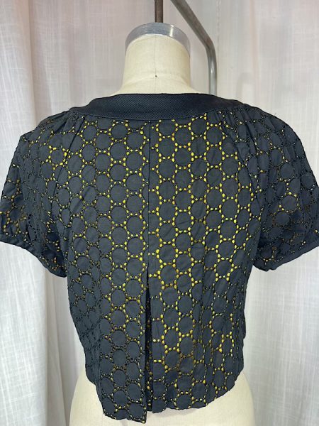 la boudoir miami vintage y2k black eyelet and yellow satin cropped bolero jacket (1)
