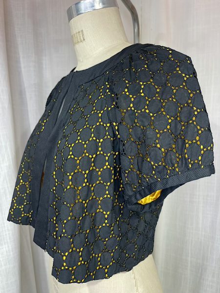 la boudoir miami vintage y2k black eyelet and yellow satin cropped bolero jacket (1)