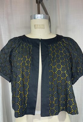 la boudoir miami vintage y2k black eyelet and yellow satin cropped bolero jacket (1)