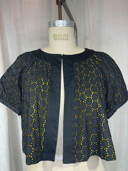la boudoir miami vintage y2k black eyelet and yellow satin cropped bolero jacket (1)