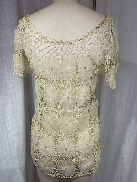 Vintage 70s Beige Net and Crochet Peasant Blouse - Image 5