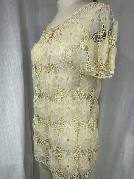 Vintage 70s Beige Net and Crochet Peasant Blouse - Image 4