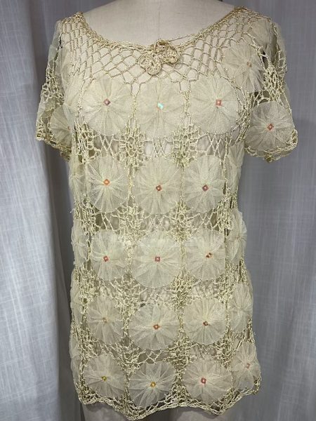 Vintage 70s Beige Net and Crochet Peasant Blouse