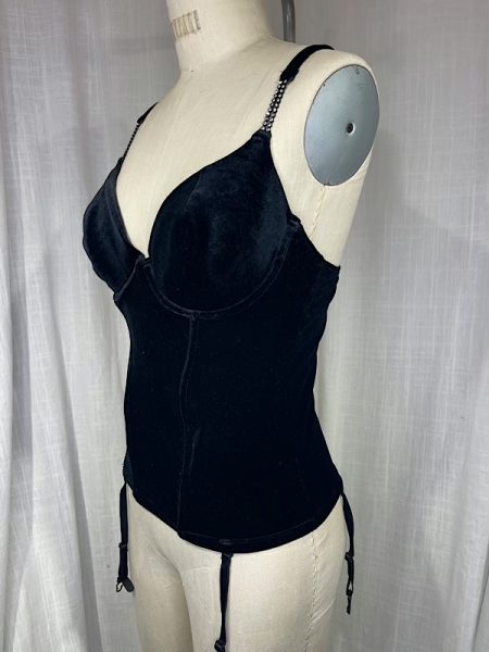 la boudoir miami vintage y2k black stretch velvet bustier with rhinestone straps and garters (1)