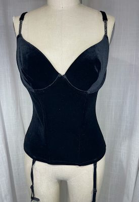 la boudoir miami vintage y2k black stretch velvet bustier with rhinestone straps and garters (1)