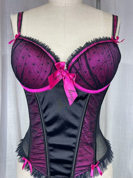 la boudoir miami vintage y2k black net and hotpink swiss dot bustier (1)