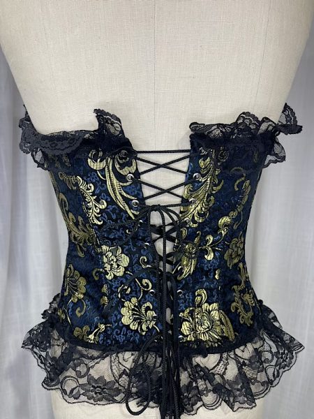 la boudoir miami vintage inspired blue and gold brocade corset with black lace trim (1)