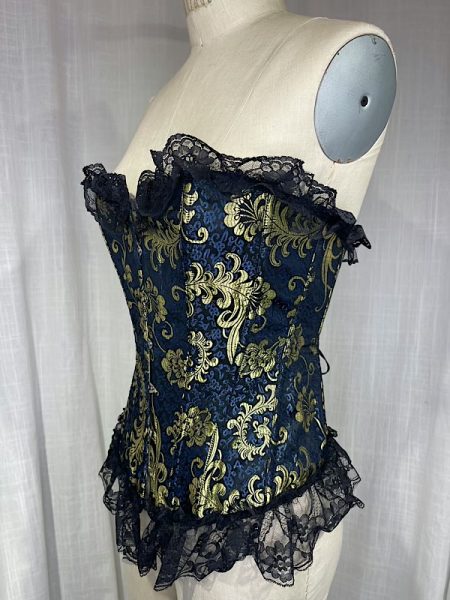 la boudoir miami vintage inspired blue and gold brocade corset with black lace trim (1)