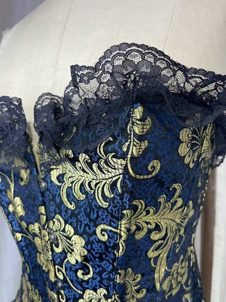 la boudoir miami vintage inspired blue and gold brocade corset with black lace trim (1)
