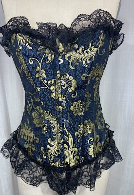 la boudoir miami vintage inspired blue and gold brocade corset with black lace trim (1)