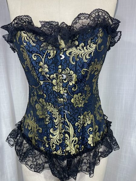 la boudoir miami vintage inspired blue and gold brocade corset with black lace trim (1)