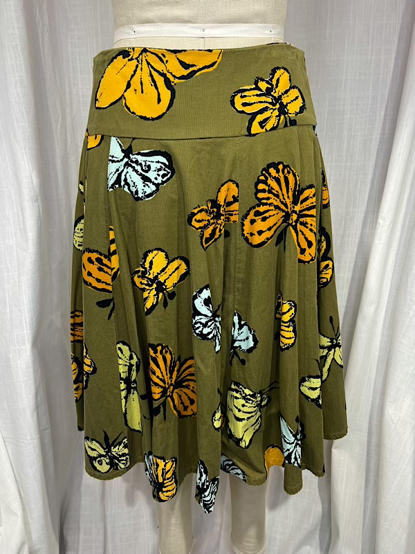 la boudoir miami vintage y2k olive green butterfly corduroy flared skirt (1)