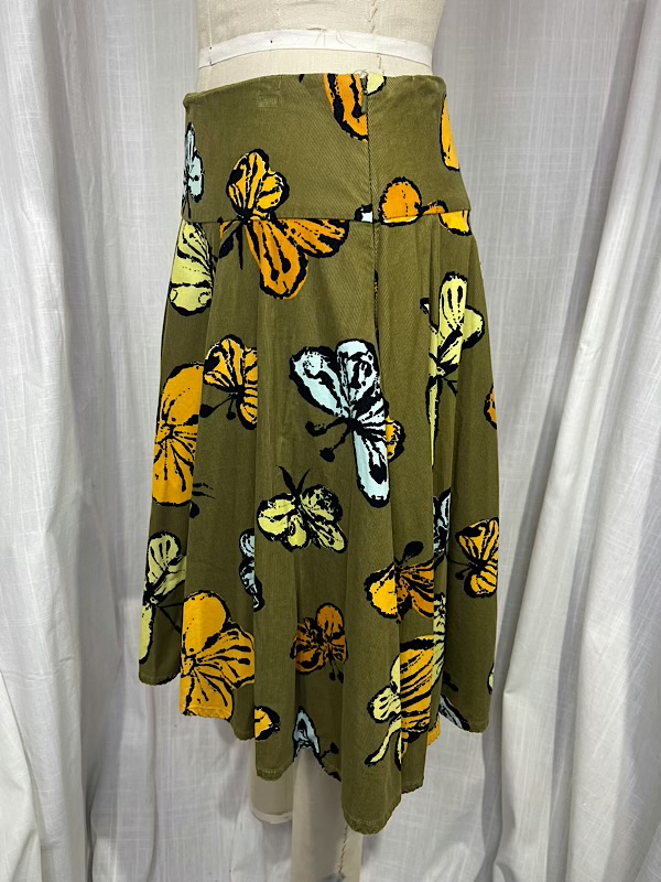 la boudoir miami vintage y2k olive green butterfly corduroy flared skirt (1)