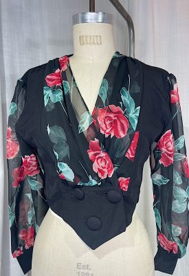 la boudoir miami vintage 80s black rose print tuxedo blouse (4)