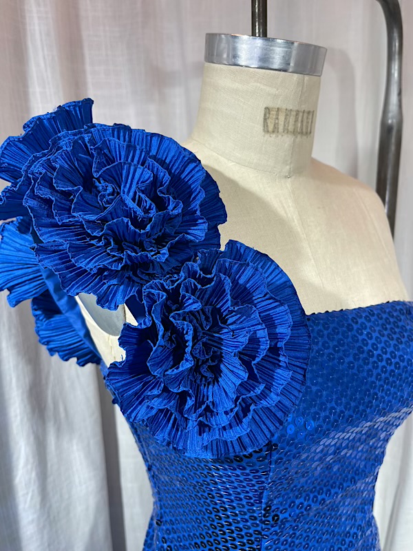 la boudoir miami vintage 80s blue sequin and taffeta one shoulder gown with floral details (1)