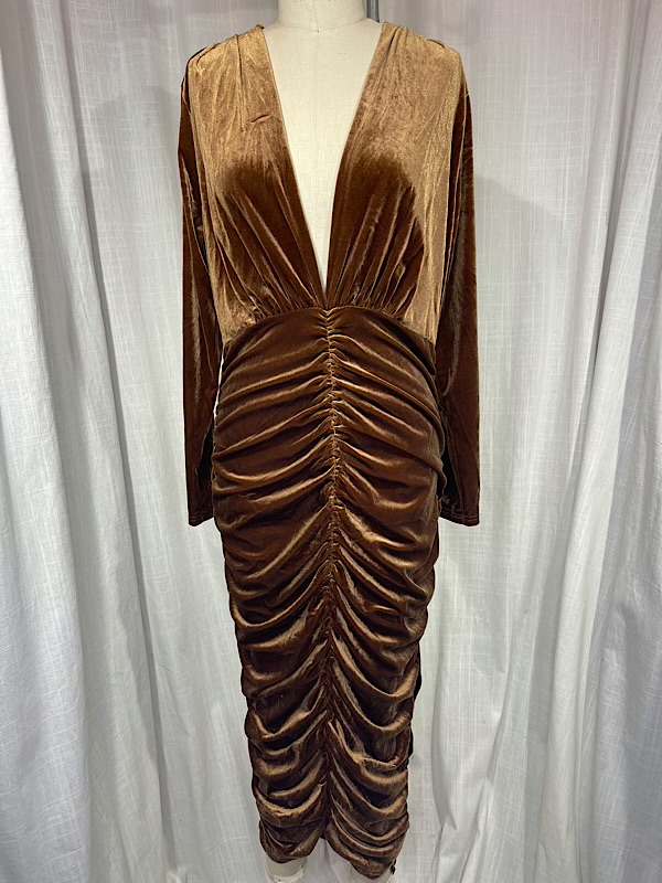 la boudoir miami vintage 80s gold velvet rouched dress (1)
