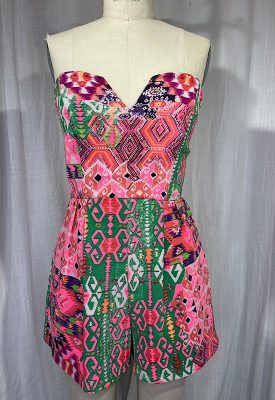 la boudoir miami vintage inspired neon pink and green abstract print strapless romper (3)