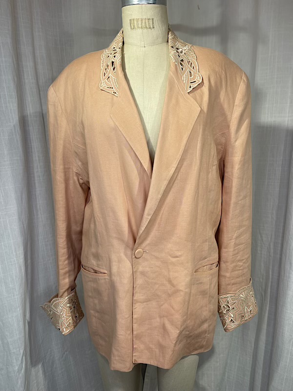 la boudoir miami vintage 80s peach linen and leather embroidered over-sized blazer (3)