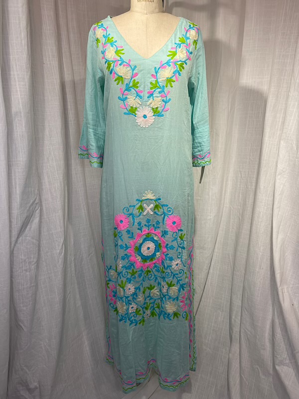 la boudoir miami vintage 90s turquoise flower embroidered kaftan (3)