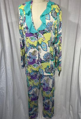 la boudoir miami vintage y2k turquoise and purple flower print jersey pant and blouse set (2)