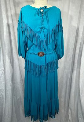 la boudoir miami vintage 70s turquoise velour fringe western dress with belt (2)