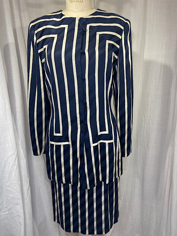 la boudoir miami vintage 90s carolina herrara navy blue and white stripe couture skirt set (9)