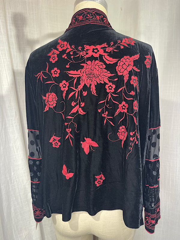 la boudoir miami vintage 1990s black velvet swing jacket with red floral embroidery (2)