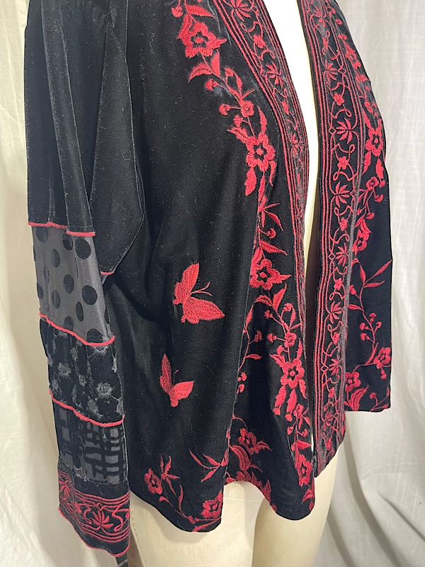 la boudoir miami vintage 1990s black velvet swing jacket with red floral embroidery (2)