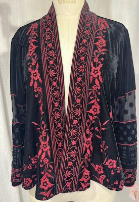 la boudoir miami vintage 1990s black velvet swing jacket with red floral embroidery (2)