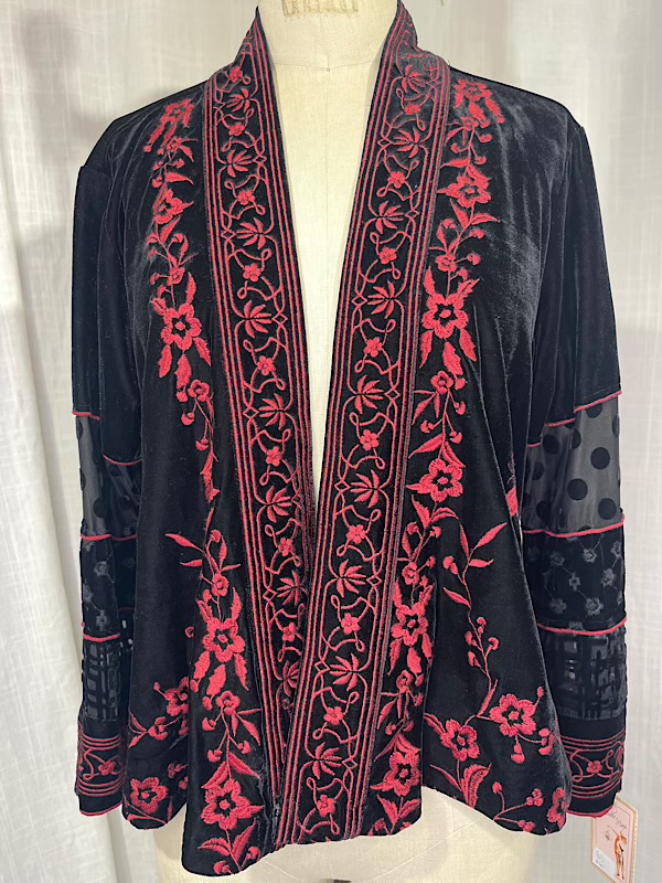 la boudoir miami vintage 1990s black velvet swing jacket with red floral embroidery (2)