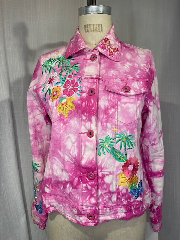 la boudoir miami vintage y2k pink and white tie dye denim jacket with floral embroidery (2)