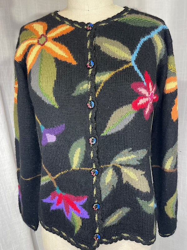 la boudoir miami vintage 90s black floral knit embroidered handmade alpaca sweater peru (2)